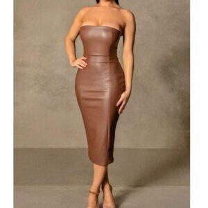 MESHKI - PAMELA Strapless Faux Leather Dress - Chocolate Sz: XS